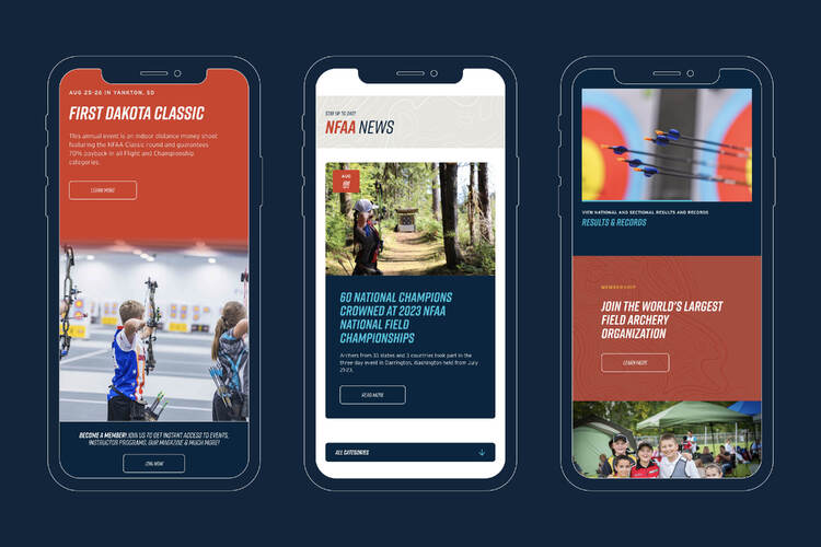 Graphic showing the NFAA website displayed on three iPhones. NFAA news, Join the worlds largest field archery association.